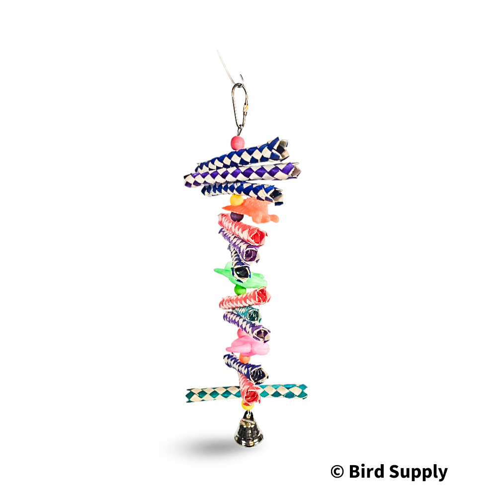 Colorful parrot toy with finger traps, plastic dinosaurs, wooden beads, and a bell for small to medium birds