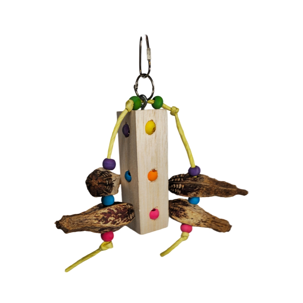 Balsa wood block foraging parrot toy with wooden beads and mahogany pods for small to medium birds