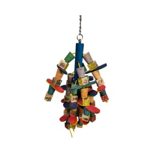 Wooden popsicle stick, ABC block, and cork parrot toy for medium-sized birds