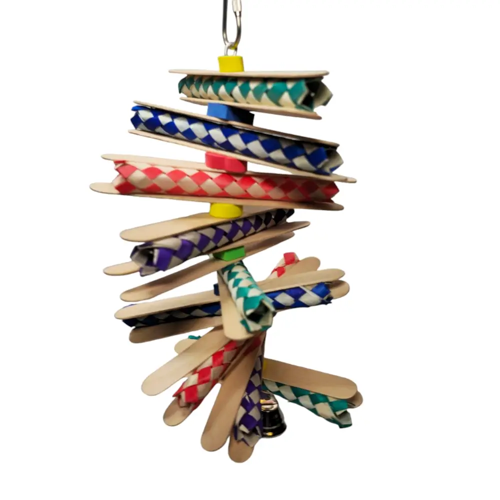 Finger trap and popsicle stick parrot toy with foam beads and bell for small to medium birds