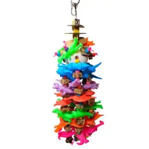 Large parrot toy with plastic dinosaurs, wood beads, mahogany slices, and ABC blocks for medium to large birds