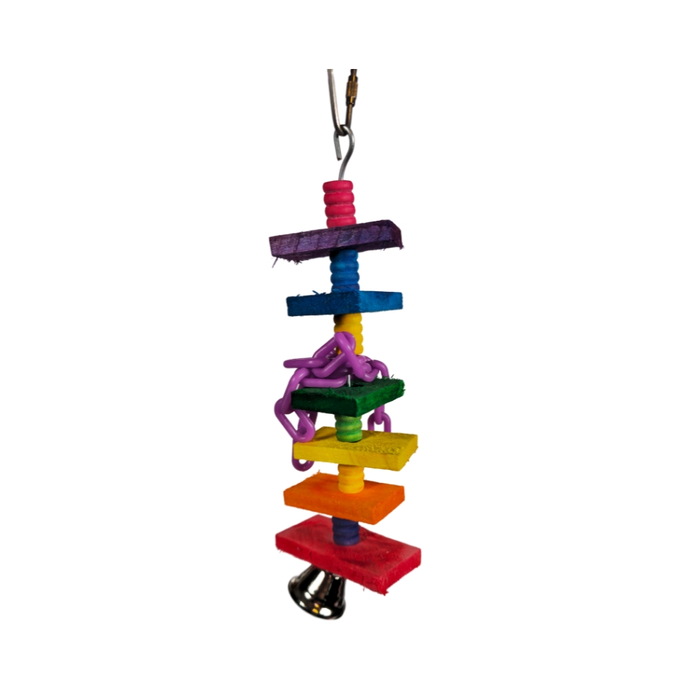 Colorful parrot toy with wooden blocks, plastic chains, and a bell for small to medium birds