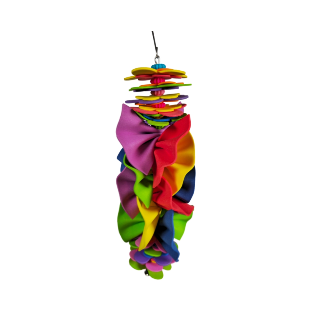 Colorful parrot toy with foam discs and ruffled fabric for small to medium birds